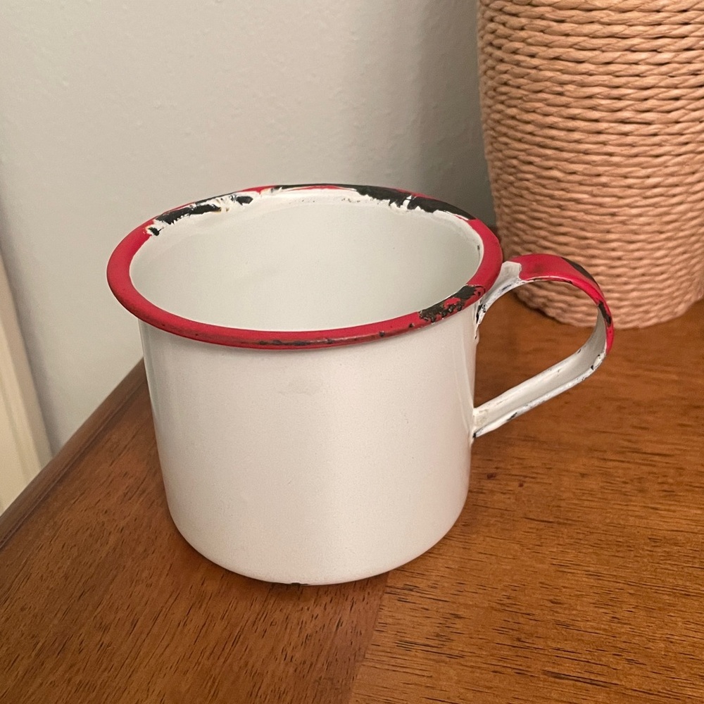 Vintage ‘50’s Enamelware Mug Cup 12 oz. Red & White
